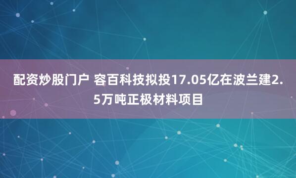 配资炒股门户 容百科技拟投17.05亿在波兰建2.5万吨正极材料项目